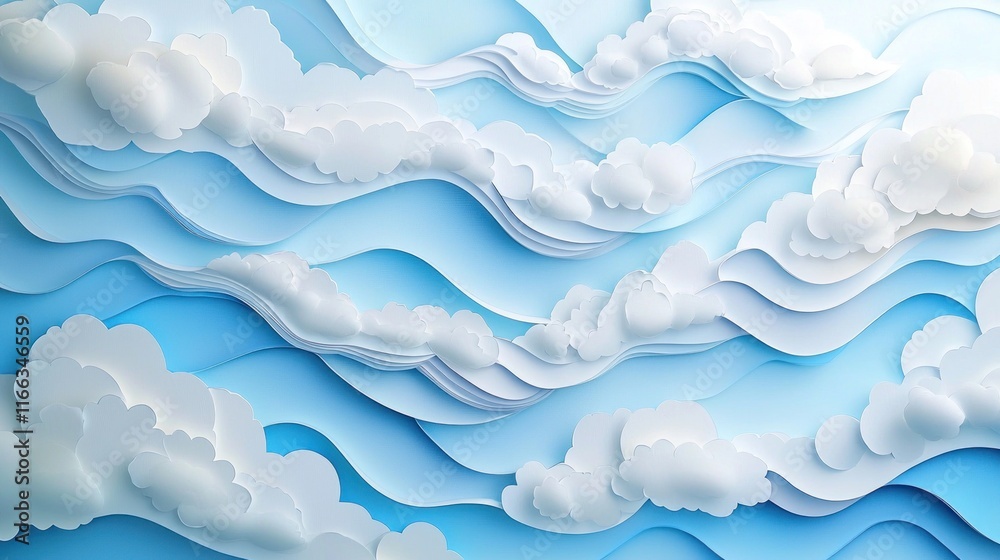 Paper Art Sky: Clouds and Waves in Blue