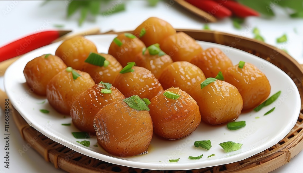 Deliciously Fried Sticky Rice Balls with Green Onion Garnish on a White Plate Deliciously Fried Sticky Rice Balls with Green Onion Garnish on a White Plate