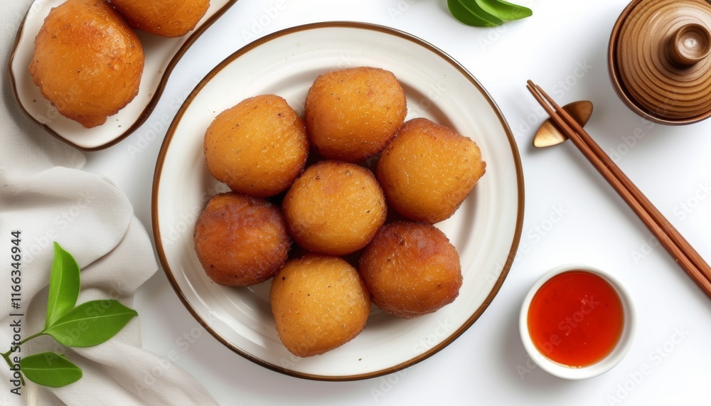 Crispy Fried Sticky Rice Balls Served on a White Plate with Chili Sauce and Green Leaves Crispy Fried Sticky Rice Balls Served on a White Plate with Chili Sauce and Green Leaves