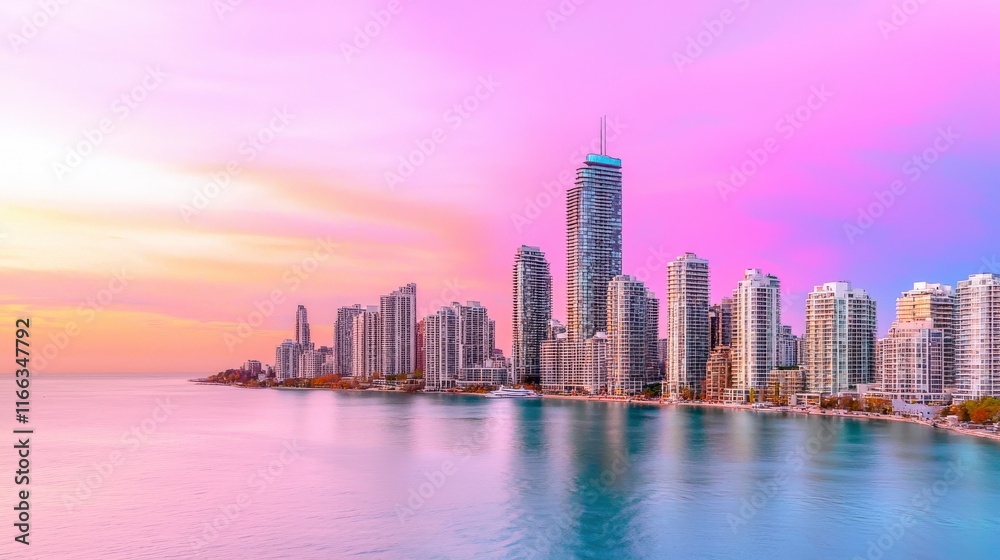 Stunning Sunset Reflection Over Modern Cityscape with High-Rise Buildings by the Lake Stunning Sunset Reflection Over Modern Cityscape with High-Rise Buildings by the Lake