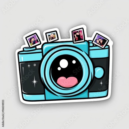 A cartoon-style camera illustration with playful elements and photos.