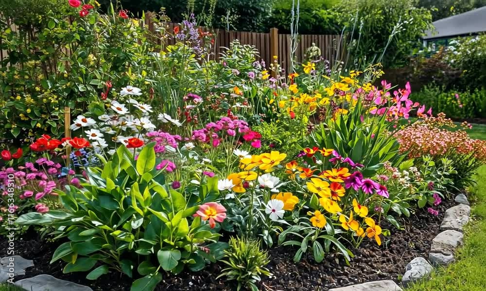 A vibrant flower garden with a variety of colorful blooms and lush greenery.