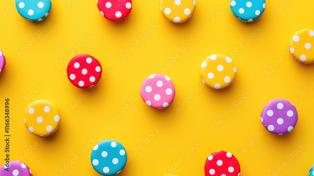 Colorful Polka Dot Bottle Caps Pattern on Yellow Background Colorful Polka Dot Bottle Caps Pattern on Yellow Background