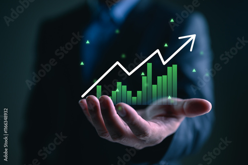 Planning and strategy, Stock market, Business growth, progress or success concept. Businessman or trader is showing a growing virtual hologram stock, invest in trading. Height return.