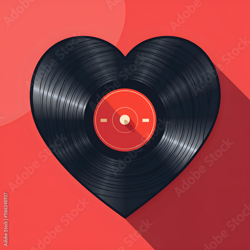 A heart shaped vinyl record symbolizing love for music in a bold red background, digital art of symbolism concept.