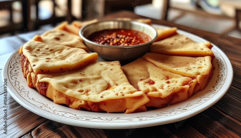 Delicious Spicy Flatbread with Sauce Served in a Restaurant Setting Delicious Spicy Flatbread with Sauce Served in a Restaurant Setting