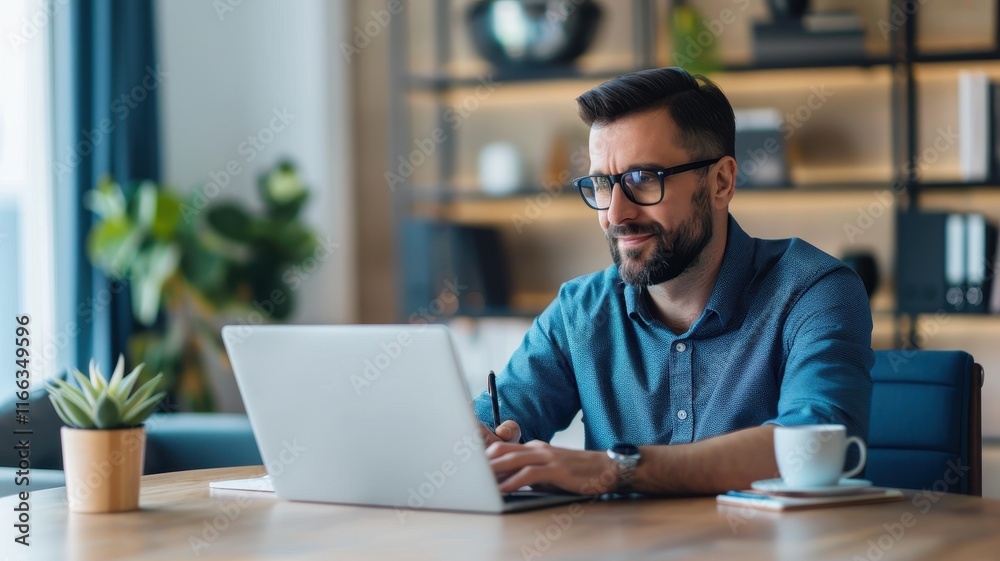 A focused man works on a laptop at a stylish desk, surrounded by decor and plants, enjoying a cup of coffee in a modern workspace. A focused man works on a laptop at a stylish desk, surrounded by decor and plants, enjoying a cup of coffee in a modern workspace.