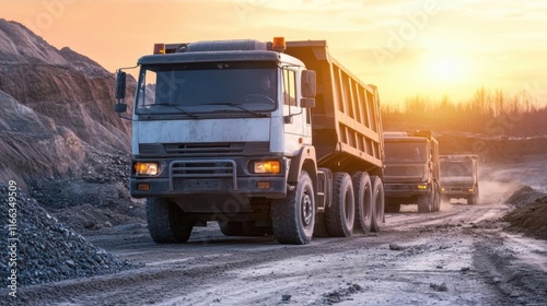 Dump trucks transporting materials through a construction site at sunset.