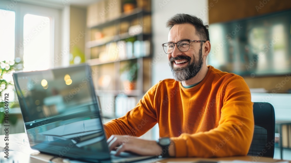 Fototapeta premium A smiling man in an orange sweater works on a laptop in a bright, modern home office filled with books and greenery.