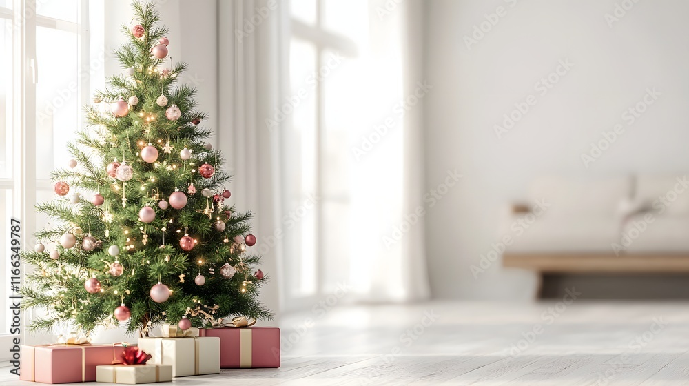 Decorated Christmas Tree with Presents in a Bright Room Decorated Christmas Tree with Presents in a Bright Room