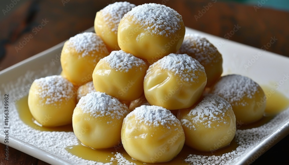 Sweet Brazilian Treats Piled High on a Plate with Decorative Powdered Sugar and Syrup Drizzle