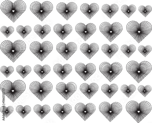 Heart shape seamless pattern background. All over seamless vector illustration repeat pattern with black doodle hearts tossed isolated on transparent background. Simple cute Valentines day background.