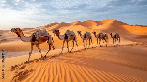 Caravan of Camels Crossing the Sahara Desert at Sunrise