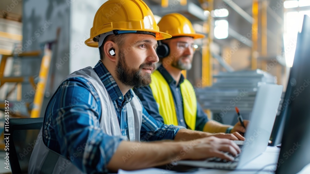 Two construction workers in hard hats focus on their computers at a job site, collaborating on project management and planning. Two construction workers in hard hats focus on their computers at a job site, collaborating on project management and planning.