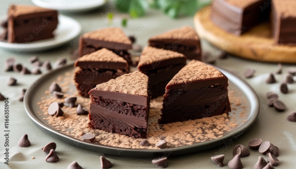 Decadent Chocolate Fudge Cake Slices Topped with Cocoa Powder on a Rustic Plate Decadent Chocolate Fudge Cake Slices Topped with Cocoa Powder on a Rustic Plate