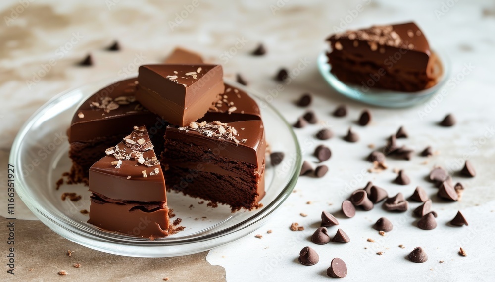Delicious Chocolate Fudge Cake with Slices and Chocolate Chips on Neutral Background Delicious Chocolate Fudge Cake with Slices and Chocolate Chips on Neutral Background