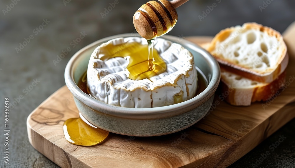 Fresh Cheese Drizzled with Honey and Served with Bread on a Wooden Board Fresh Cheese Drizzled with Honey and Served with Bread on a Wooden Board