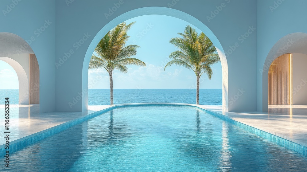 Fototapeta premium Through the central arch, the calm pool and palm trees lead to the vast blue ocean. The minimalist backdrop consists of a white floor and soft lighting, shot from a low angle.