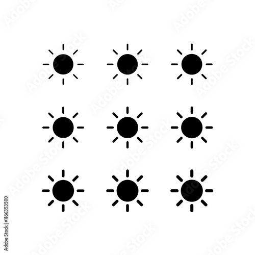 Sun, brightness glyph icon set. Simple solid style. Shine, warm, web, pictogram, sunlight, heat, symbol, weather, intensity setting concept. Vector illustration isolated. SVG