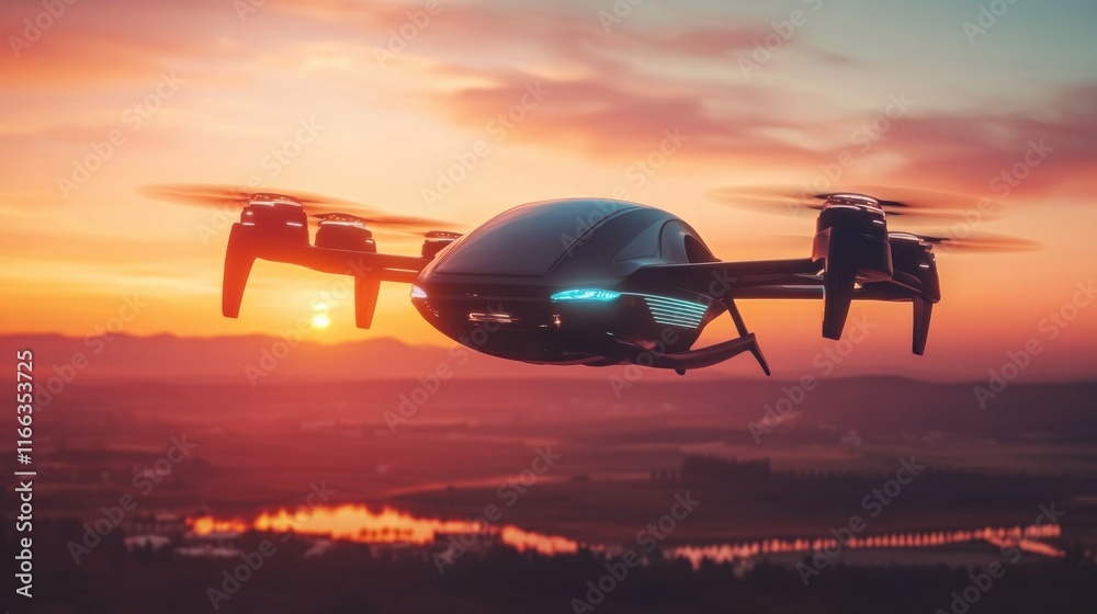 Electric Air taxi drone, eVTOL flying high over a rural region at sunset. Rural Air Mobility, concept of future transportation in the country