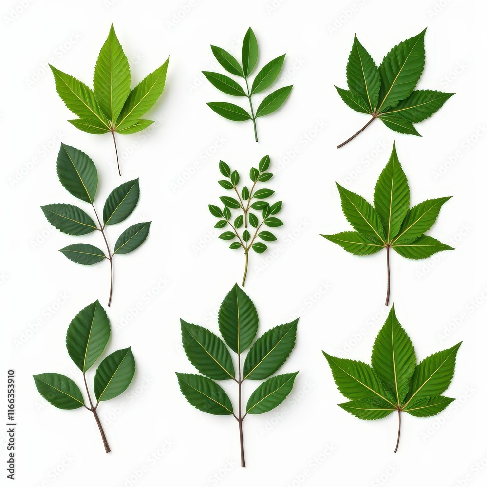 Green Leaf Collection: A diverse array of nine fresh green leaves, meticulously arranged against a clean background, for a natural, organic design element. Green Leaf Collection: A diverse array of nine fresh green leaves, meticulously arranged against a clean background, for a natural, organic design element.