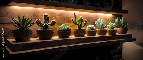 A rustic wooden shelf adorned with colorful succulents and cacti creating a desert look indoors photo