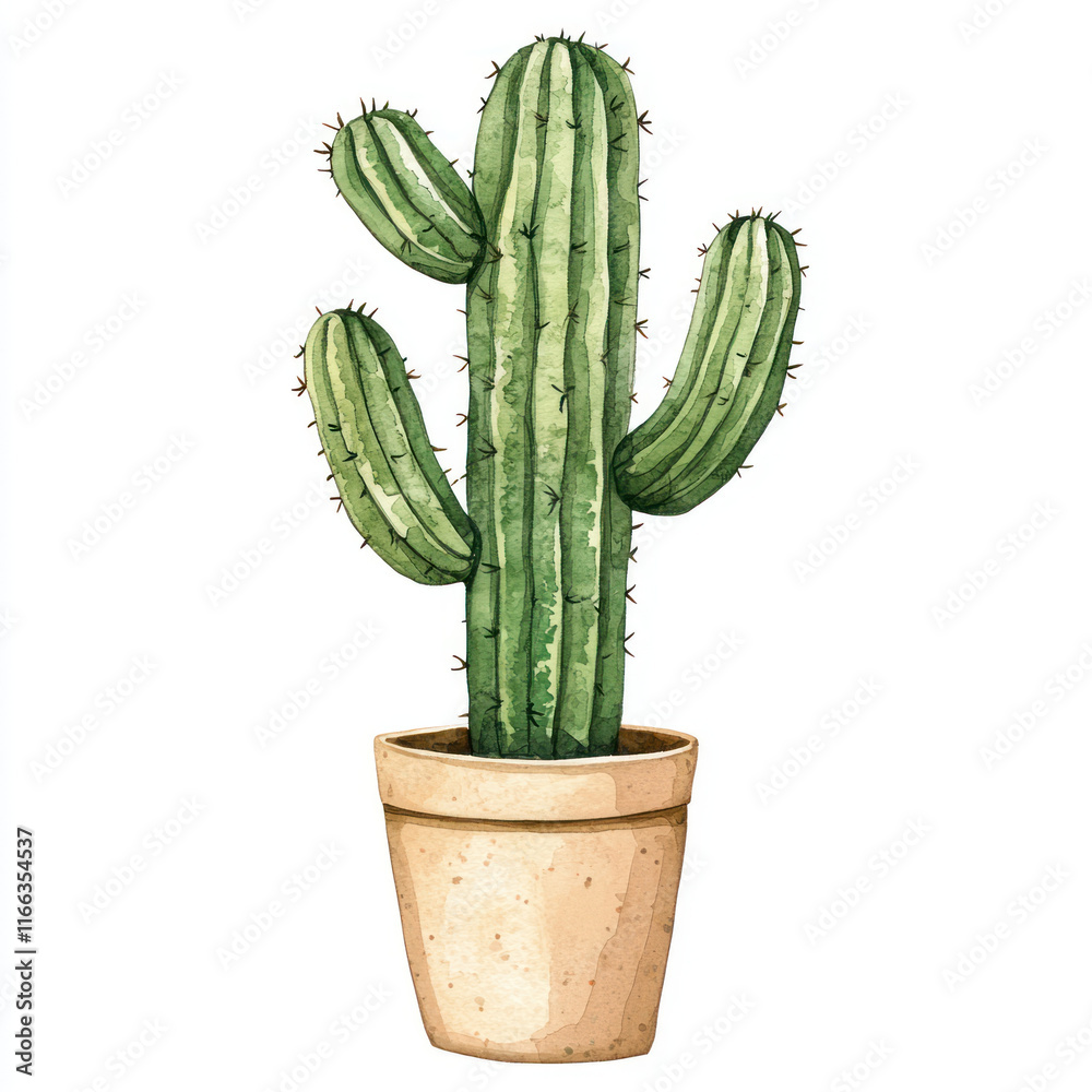 A Watercolor style depiction of tall cactus in pot, showcasing its vibrant green color and unique shape A Watercolor style depiction of tall cactus in pot, showcasing its vibrant green color and unique shape