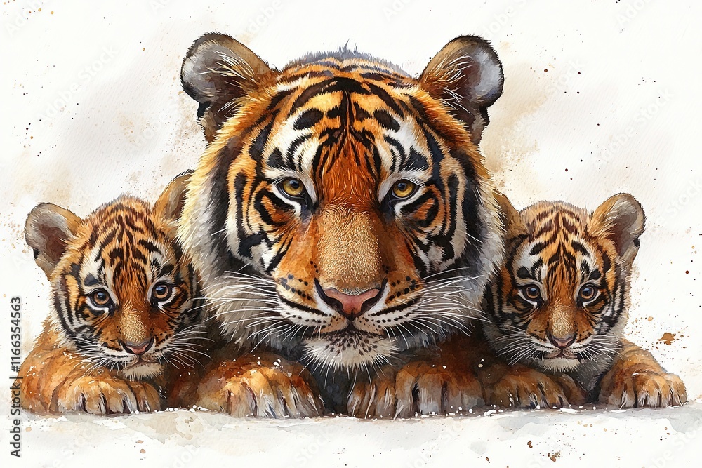 Obraz premium A close-up of a tiger with two cubs, showcasing their beauty and strength.