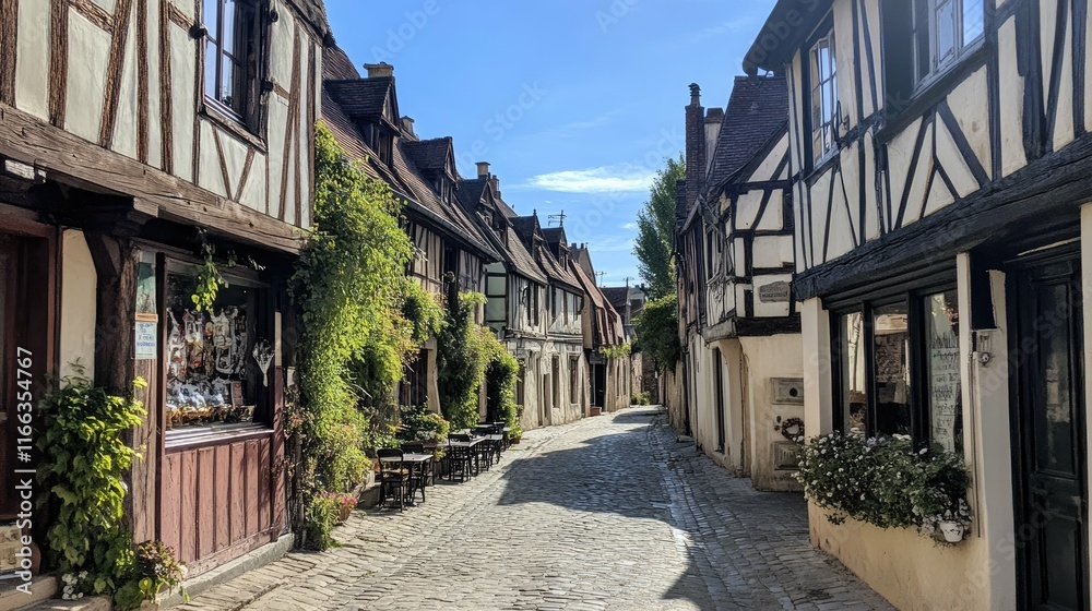 Charming cobblestone street with rustic wooden buildings in France