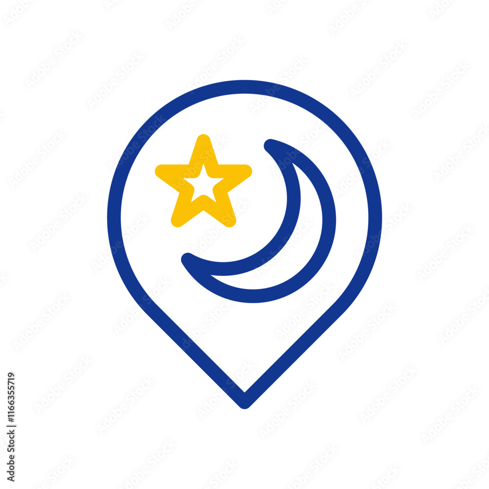 Location pin with star and crescent moon. Concept of Islam, Ramadan, and Eid. Location pin with star and crescent moon. Concept of Islam, Ramadan, and Eid.
