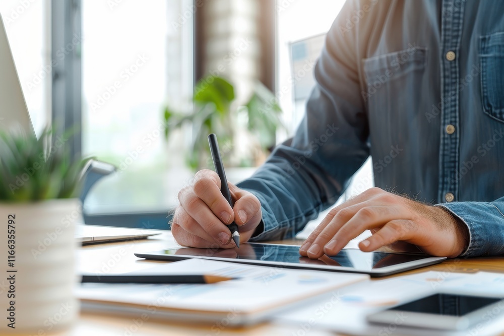 A person is using a tablet to draw or take notes, surrounded by a smartphone and a plant, in a bright, modern workspace. A person is using a tablet to draw or take notes, surrounded by a smartphone and a plant, in a bright, modern workspace.