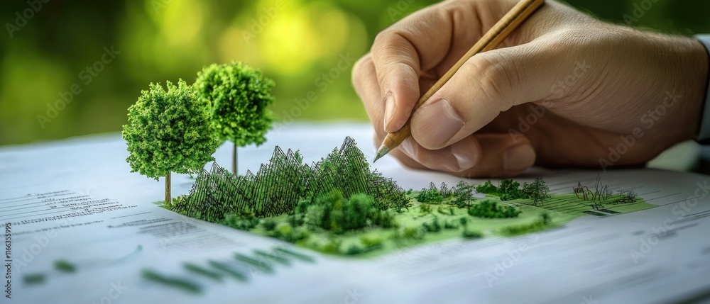 Businessman planning on environmental protection initiative for clean and sustainable future ecology, ESG environmental social governance display on paper chart on eco-friendly company Businessman planning on environmental protection initiative for clean and sustainable future ecology, ESG environmental social governance display on paper chart on eco-friendly company