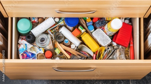 A cluttered kitchen drawer filled with various household items and food containers.