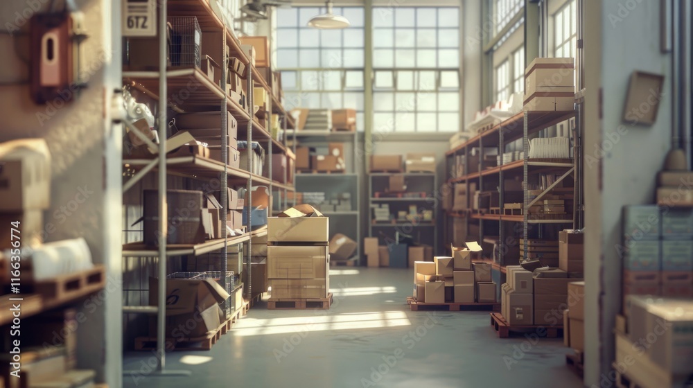 Sunlit warehouse interior with shelves, cardboard boxes, and pallets. Sunlit warehouse interior with shelves, cardboard boxes, and pallets.