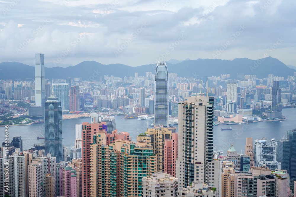 The Peak viewpoint of lanscape Hong Kong cityscape skyline and Victoria harbor at the roof top of The Peak Tower Sky Terrace 428, Hong Kong, China.
