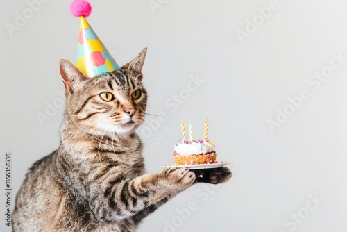 A humorous cat wearing a party hat and holding a happy birthday cake is isolated on a white backdrop.