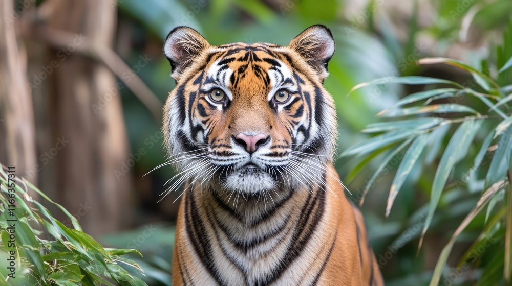 Fototapeta premium A close-up of a tiger amidst lush greenery, showcasing its striking features and expression.