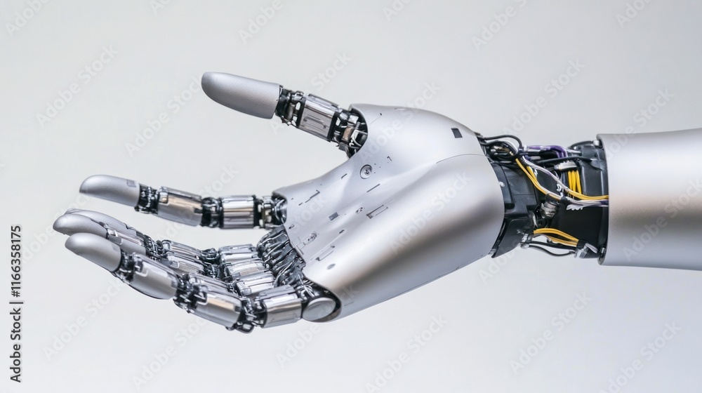 A robotic hand showcasing advanced mechanical design and functionality. A robotic hand showcasing advanced mechanical design and functionality.