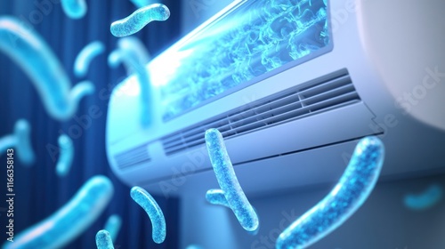 Wallpaper Mural Air Conditioner Bacteria: A 3D Render of Bacteria Surrounding an Air Conditioning Unit, Highlighting the Importance of Air Conditioning Maintenance and Cleanliness for Health and Hygiene. Torontodigital.ca