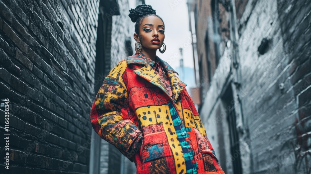 Fototapeta premium A confident model showcases a bold and colorful outfit in a narrow urban alleyway, exuding flair and modern style