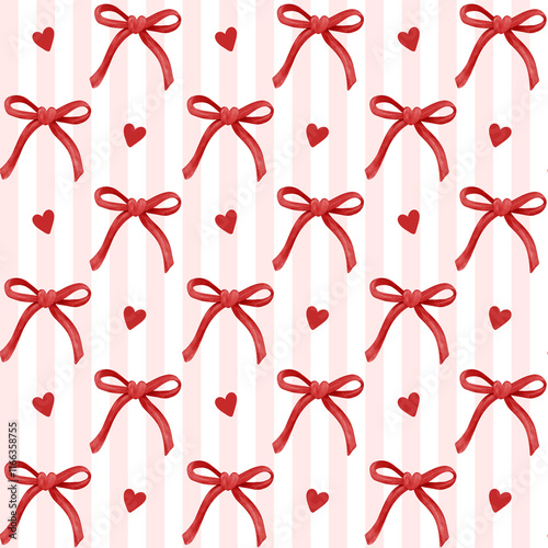 Preppy Red Coquette Valentine Seamless Pattern Bow Heart Watercolor