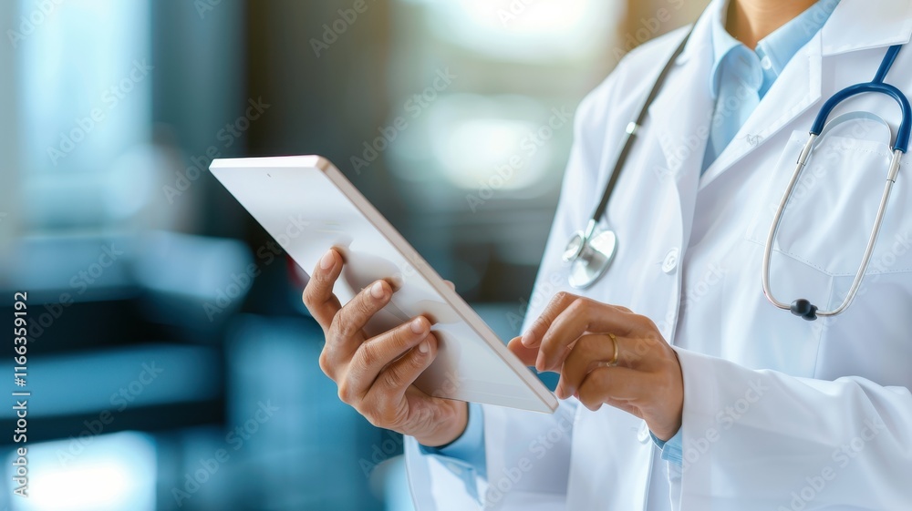 A healthcare professional in a white coat uses a tablet, likely for patient management or medical information in a modern medical setting. A healthcare professional in a white coat uses a tablet, likely for patient management or medical information in a modern medical setting.