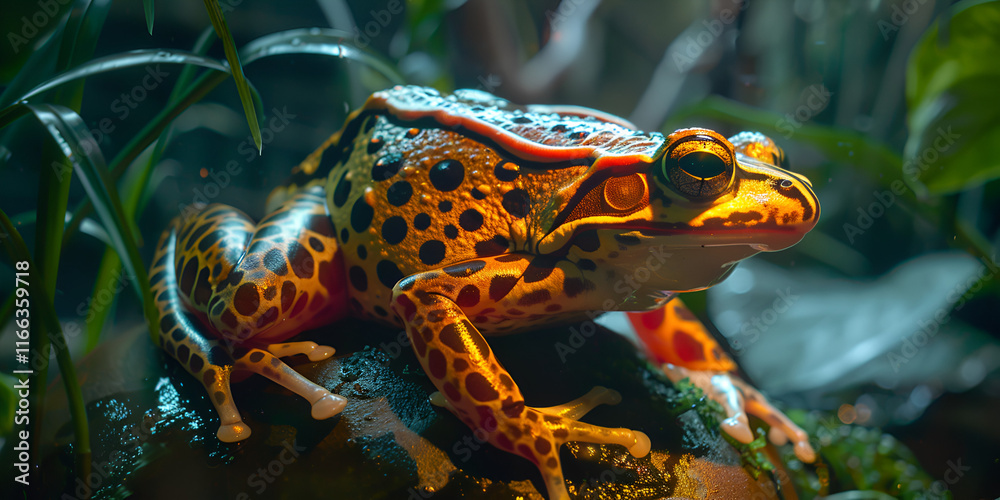Vibrant Frog Resting on Mossy Rock in Lush Habitat, Exotic Amphibian in Rainforest Environment
Vibrant Frog Resting on Mossy Rock in Lush Habitat, Exotic Amphibian in Rainforest Environment