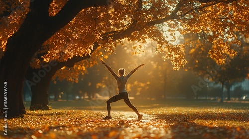 Woman practicing yoga in autumn park at sunrise.