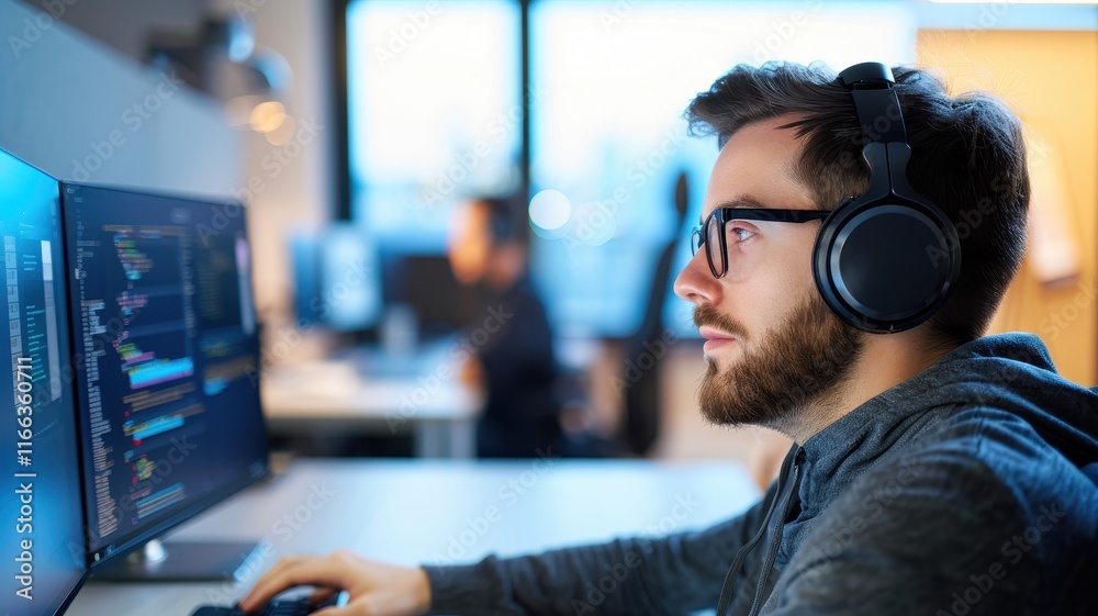 Fototapeta premium A focused young man wearing headphones works on coding or programming at a computer in a modern workspace.