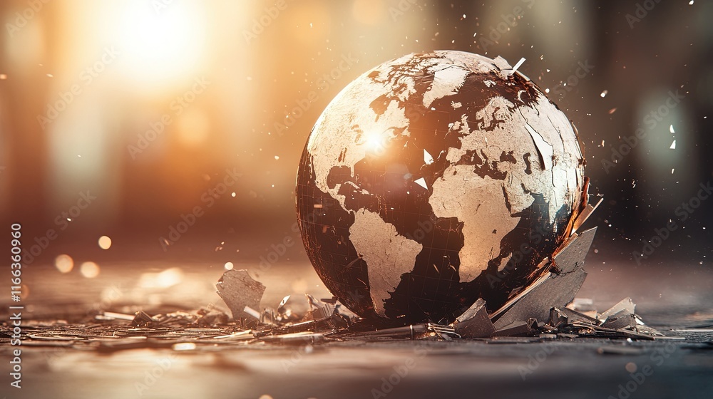 Cracked globe with financial symbols, illustrating global economic collapse, highlighting fragility of world markets and interconnectedness.