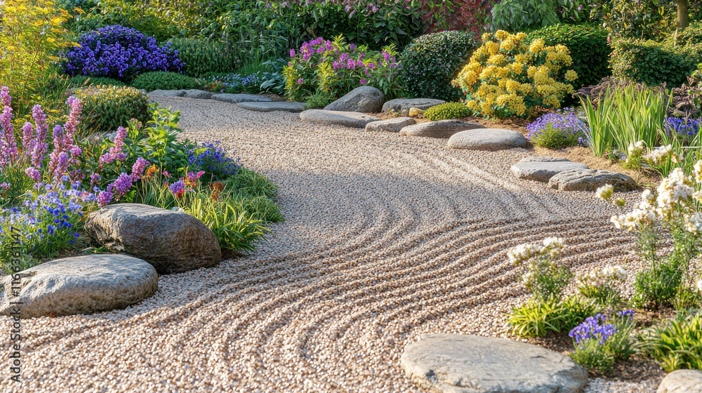 Serene garden pathway with flowers and smooth stones. Serene garden pathway with flowers and smooth stones.