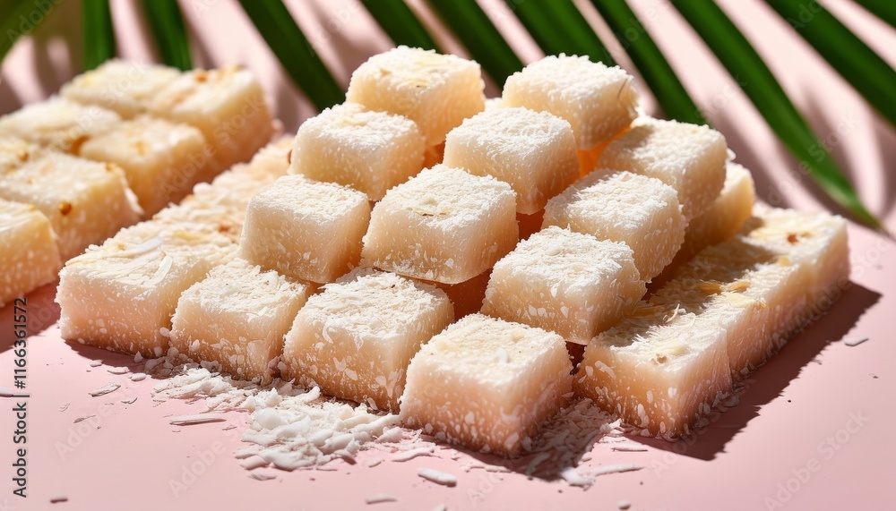 Traditional Coconut Candy Squares with Shredded Coconut on a Soft Pink Backdrop Traditional Coconut Candy Squares with Shredded Coconut on a Soft Pink Backdrop