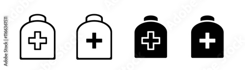 pill bottle icon set. Bottle with a medical cross, isolated on a white background. Drugstore. Medicine bottle and pills. Medicament. Black and white icon. Vector illustration