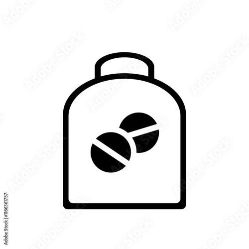 pill bottle icon. Bottle with a medical cross, isolated on a white background. Drugstore. Medicine bottle and pills. Medicament. Black and white icon. Vector illustration